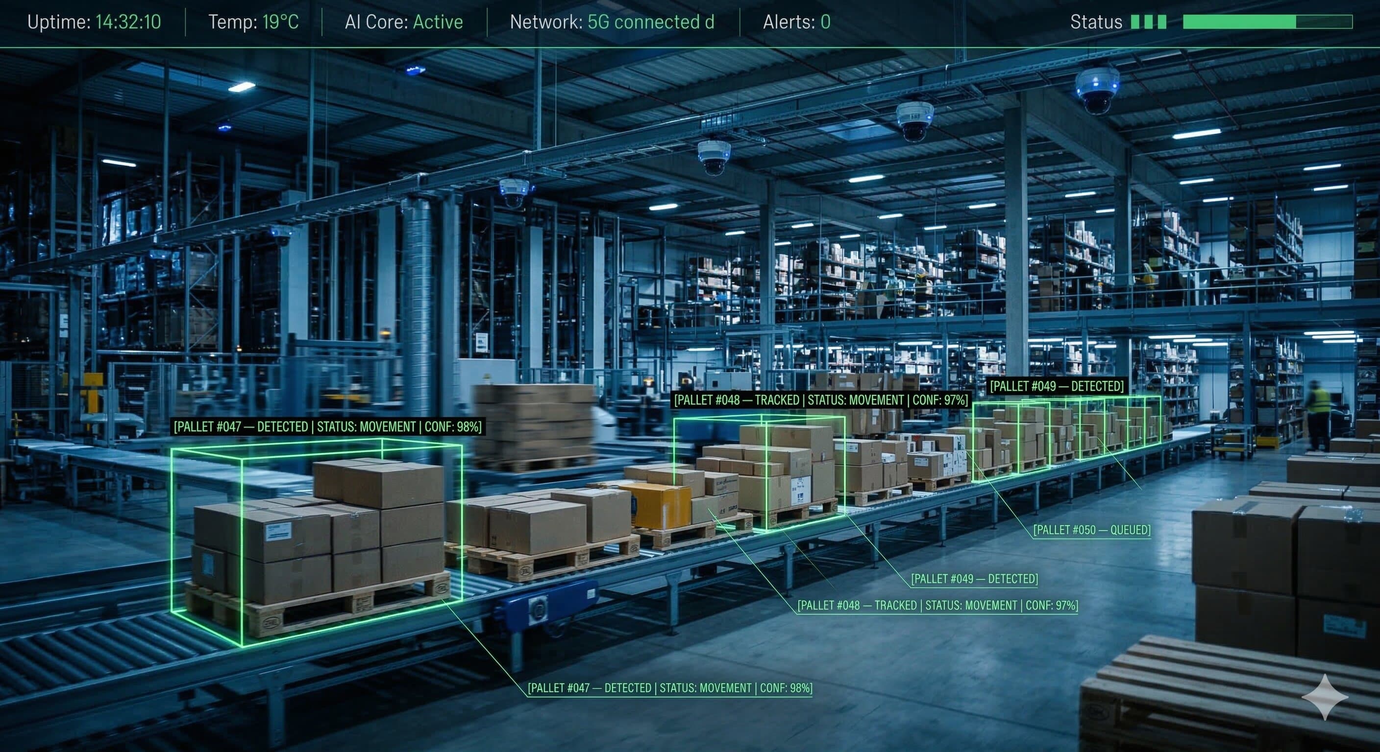 AI computer vision system detecting and counting pallets on a production line