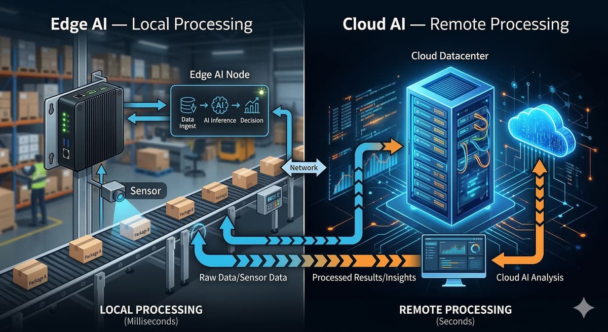 Edge AI server processing camera feeds in a pallet production facility
