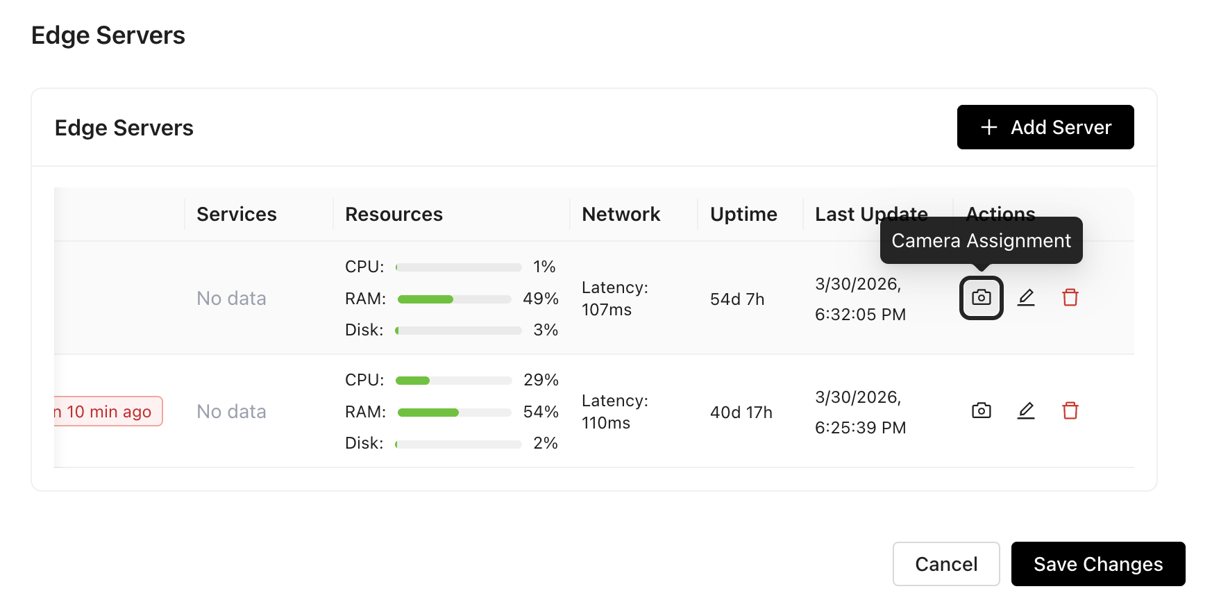 Edge Server — Camera Assignment Button